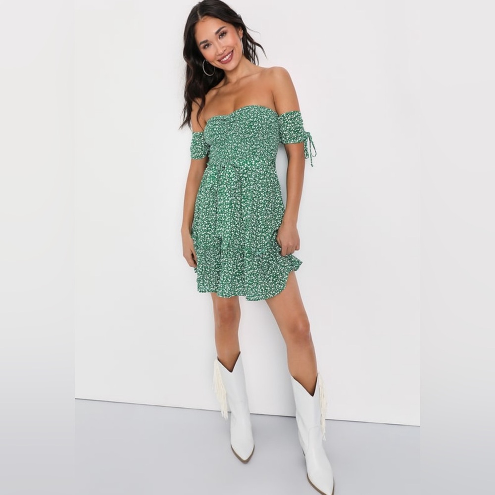 Lulus exclusive Green floral off the shoulder mini dress